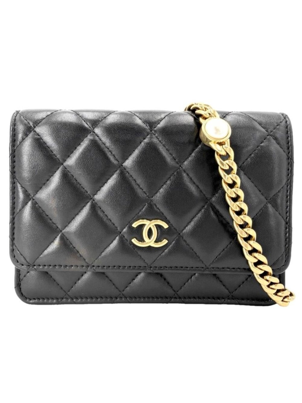 Chanel Chain Wallet Quilted CC Logo Shoulder Bag Crossbody Lambskin Black Gold